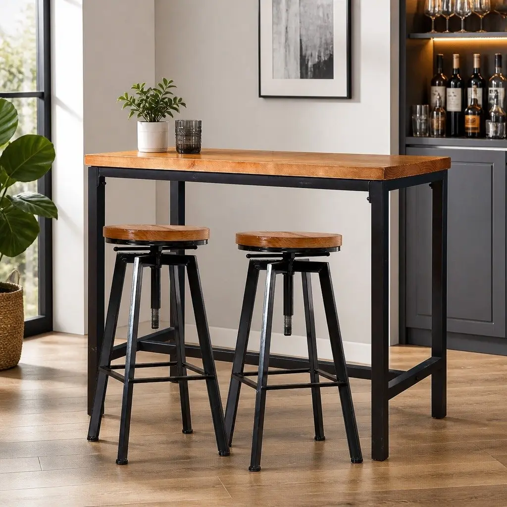 3-Piece Bar Table and Stools Set Industrial Kitchen Dining Furniture Home Cafe