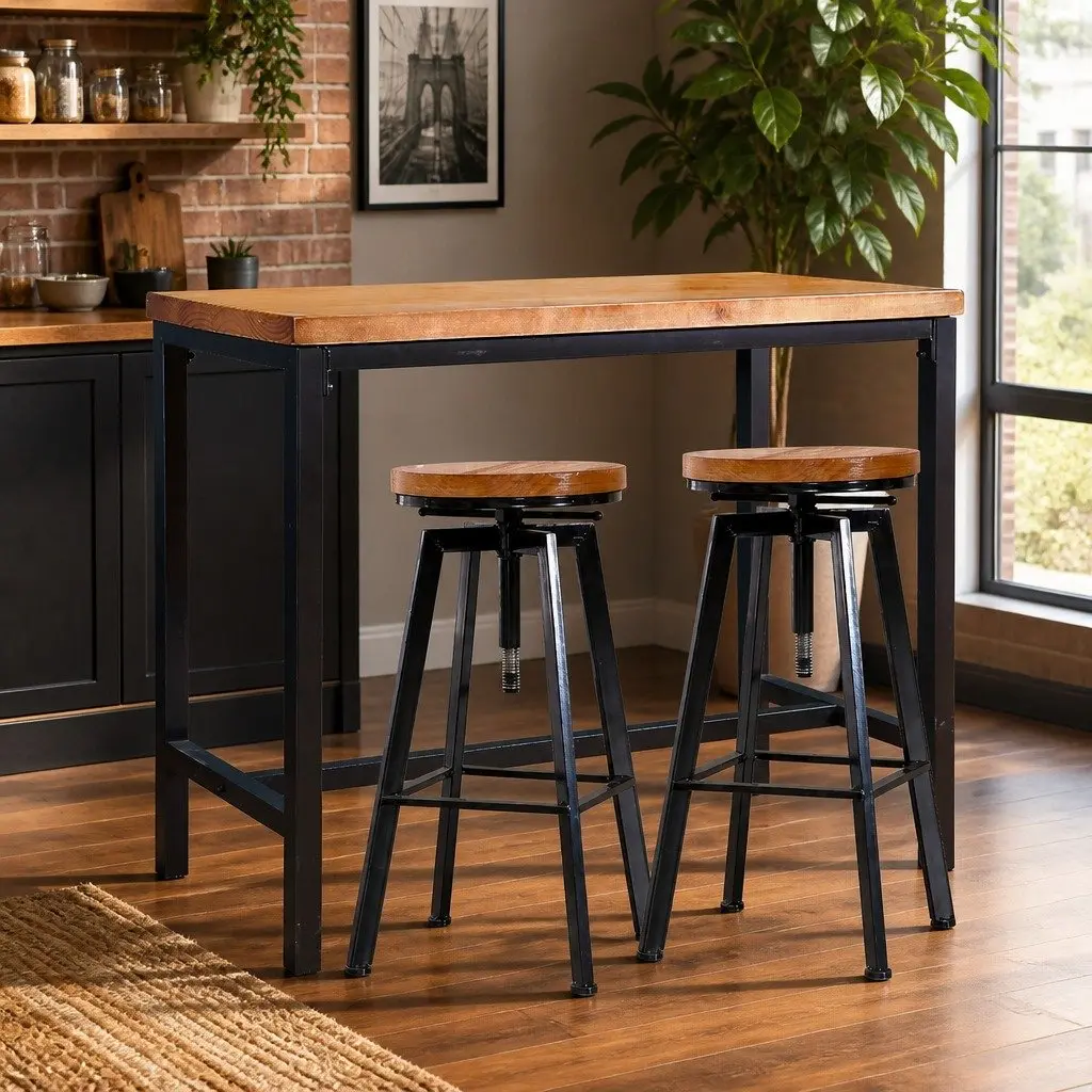 3-Piece Bar Table and Stools Set Industrial Kitchen Dining Furniture Home Cafe