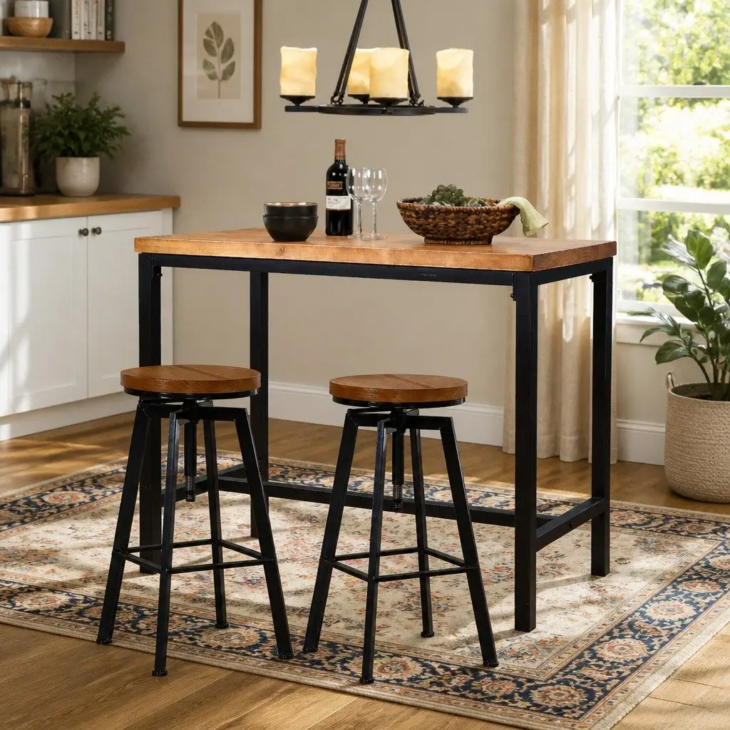 3-Piece Bar Table and Stools Set Industrial Kitchen Dining Furniture Home Cafe