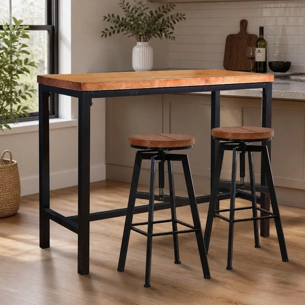 3-Piece Bar Table and Stools Set Industrial Kitchen Dining Furniture Home Cafe