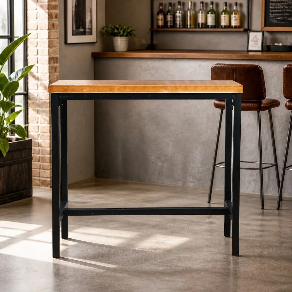 Solid Wood High Bar Table with Steel Frame