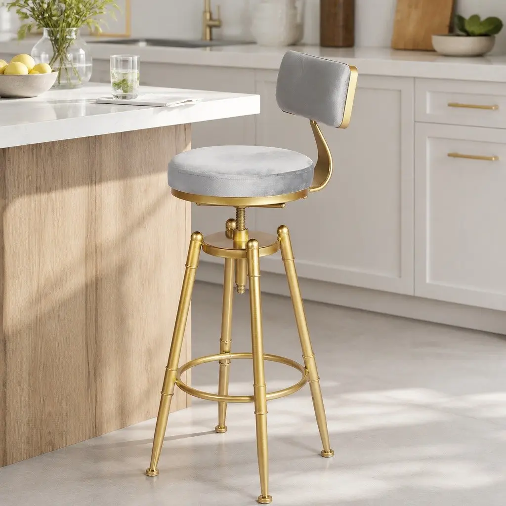 4x Swivel Bar Stools Kitchen Padded Seat Adjustable Height Footrest Grey Chair