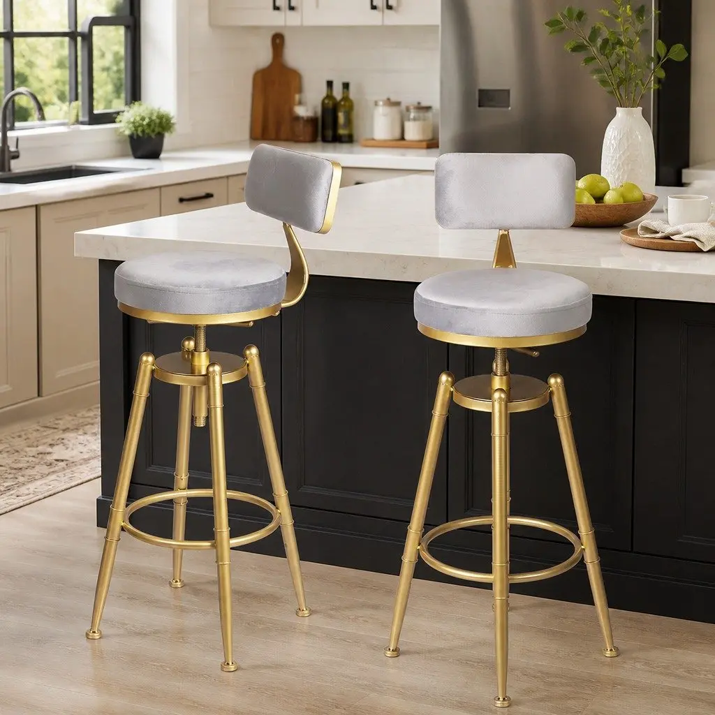 4x Swivel Bar Stools Kitchen Padded Seat Adjustable Height Footrest Grey Chair