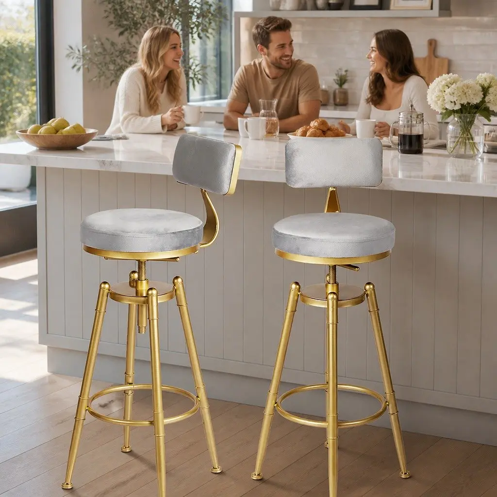 4x Swivel Bar Stools Kitchen Padded Seat Adjustable Height Footrest Grey Chair