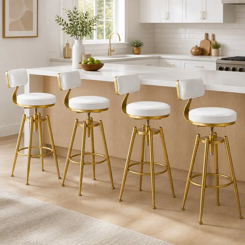 Bar Stools Swivel Modern Counter Height 4 Piece White Velvet Metal Frame