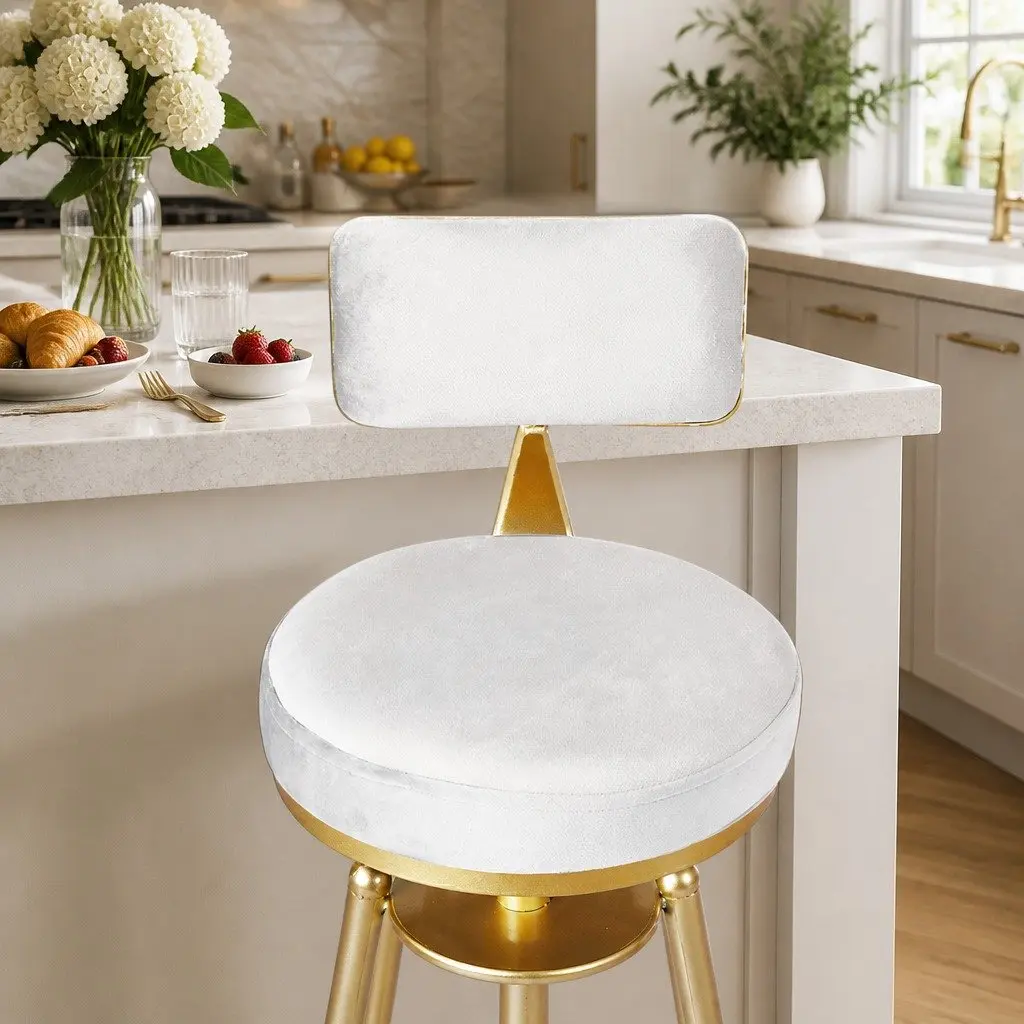 Bar Stools Swivel Modern Counter Height 4 Piece White Velvet Metal Frame