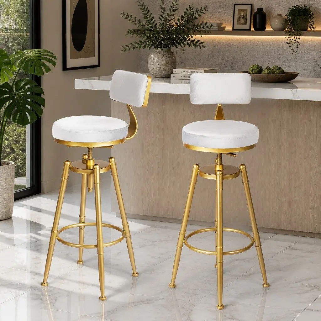 Bar Stools Swivel Modern Counter Height 4 Piece White Velvet Metal Frame