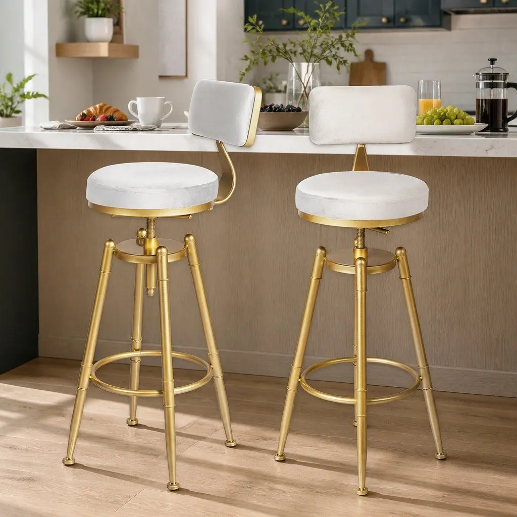 Bar Stools Swivel Modern Counter Height 4 Piece White Velvet Metal Frame