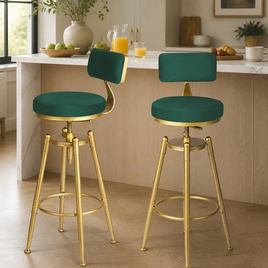 Bar Stools Velvet Green Seat Counter Height Swivel Adjustable Footrest Steel Frame