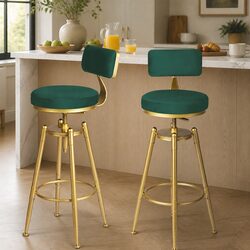Swivel Velvet Bar Stool with Adjustable Height in Green
