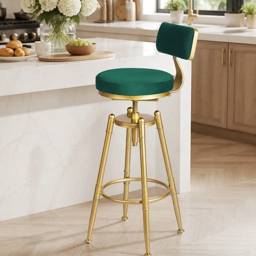 Bar Stools Velvet Green Seat Counter Height Swivel Adjustable Footrest Steel Frame