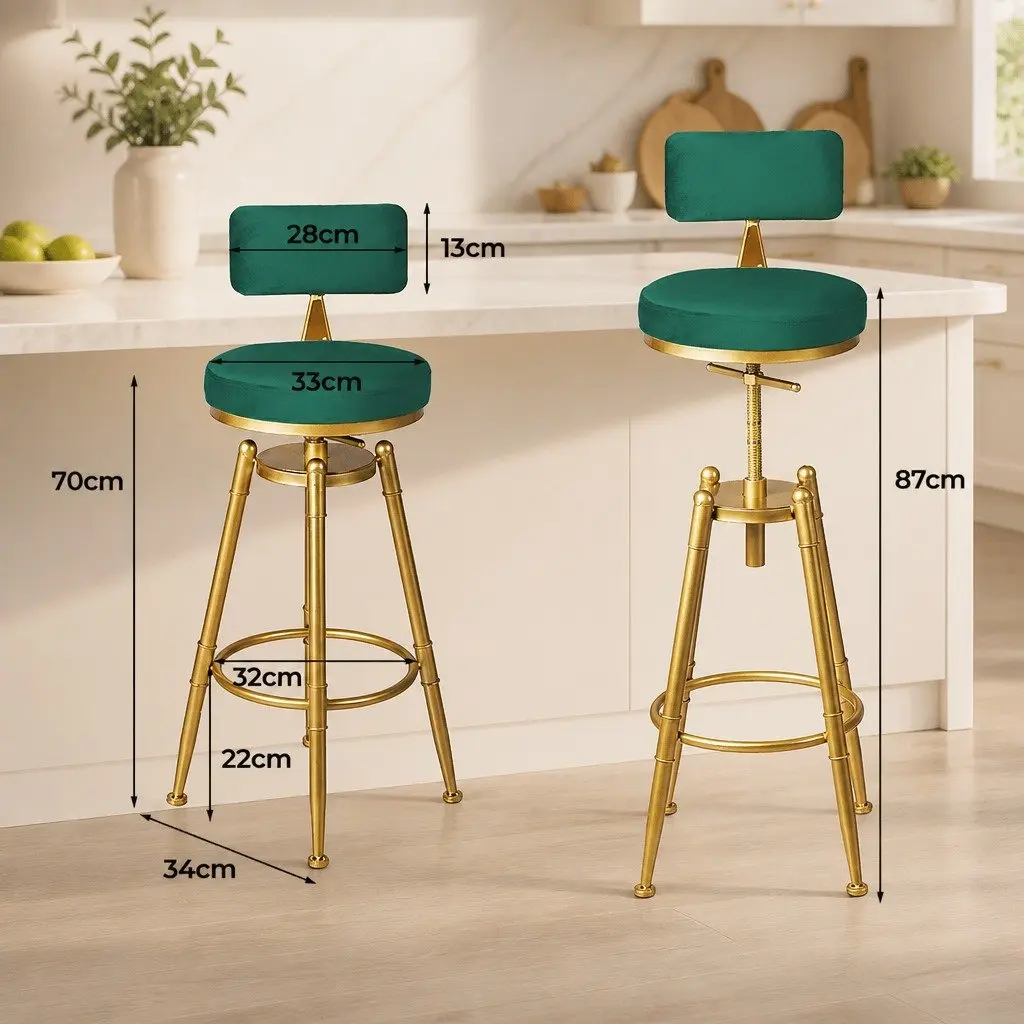 Bar Stools Velvet Green Seat Counter Height Swivel Adjustable Footrest Steel Frame