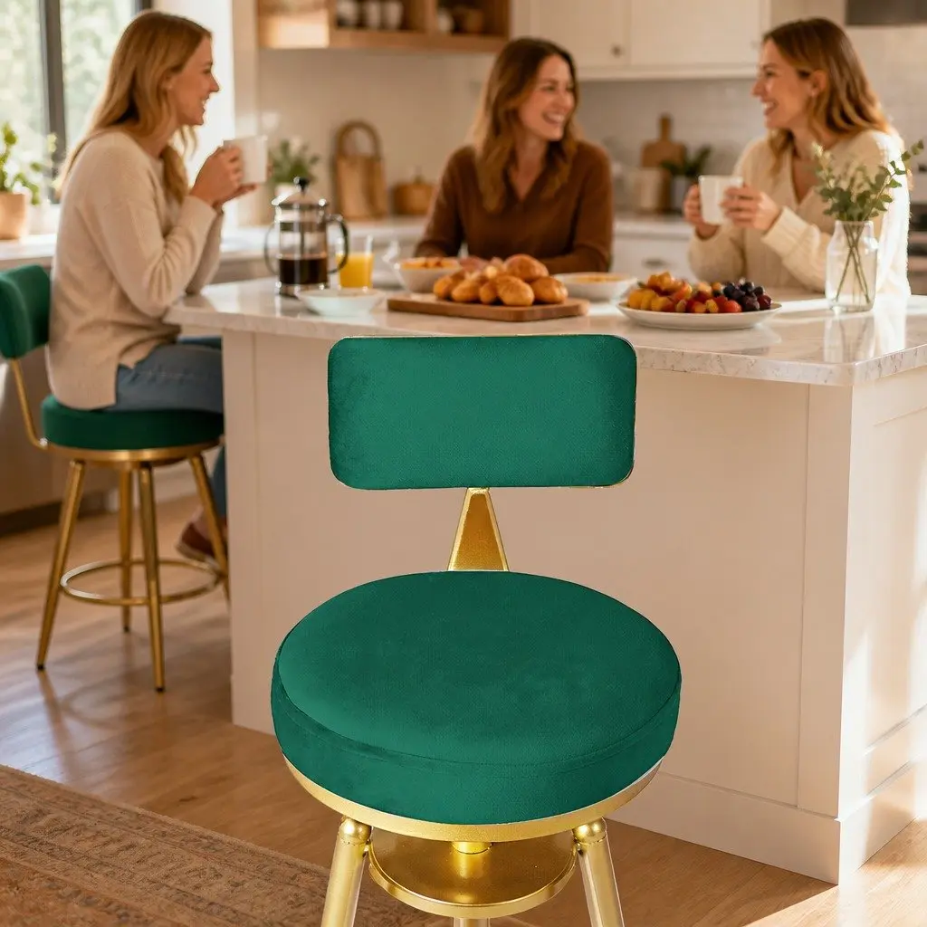 Bar Stools Velvet Green Seat Counter Height Swivel Adjustable Footrest Steel Frame