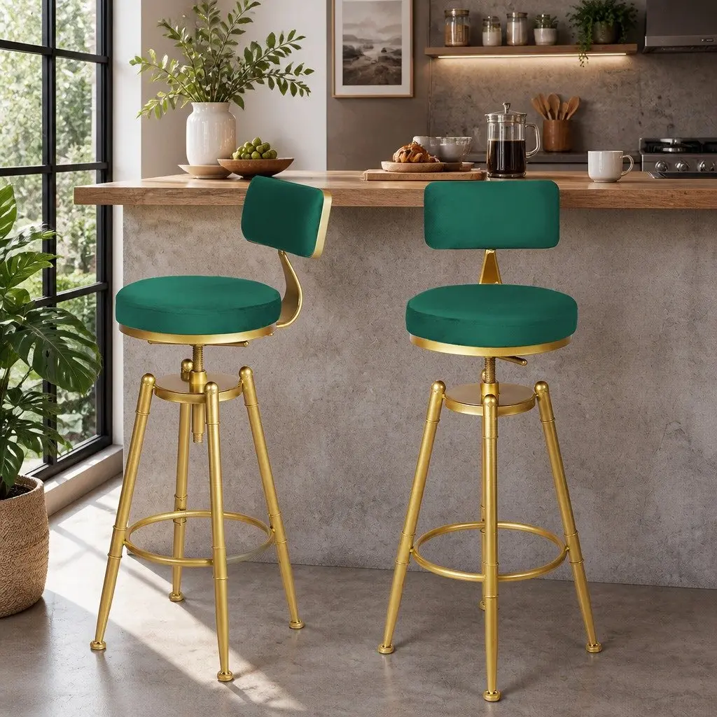 Bar Stools Velvet Green Seat Counter Height Swivel Adjustable Footrest Steel Frame