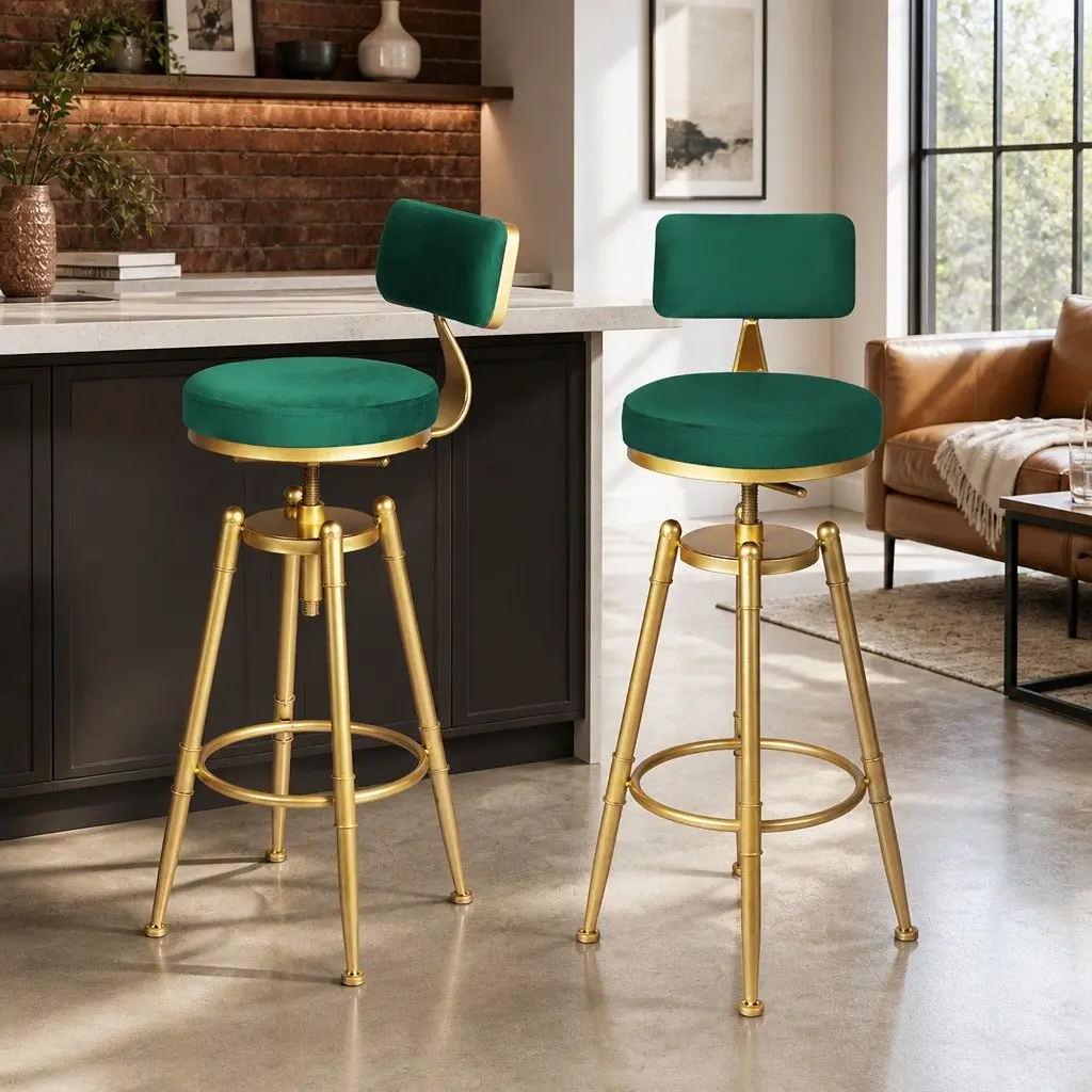 Bar Stools Velvet Green Seat Counter Height Swivel Adjustable Footrest Steel Frame