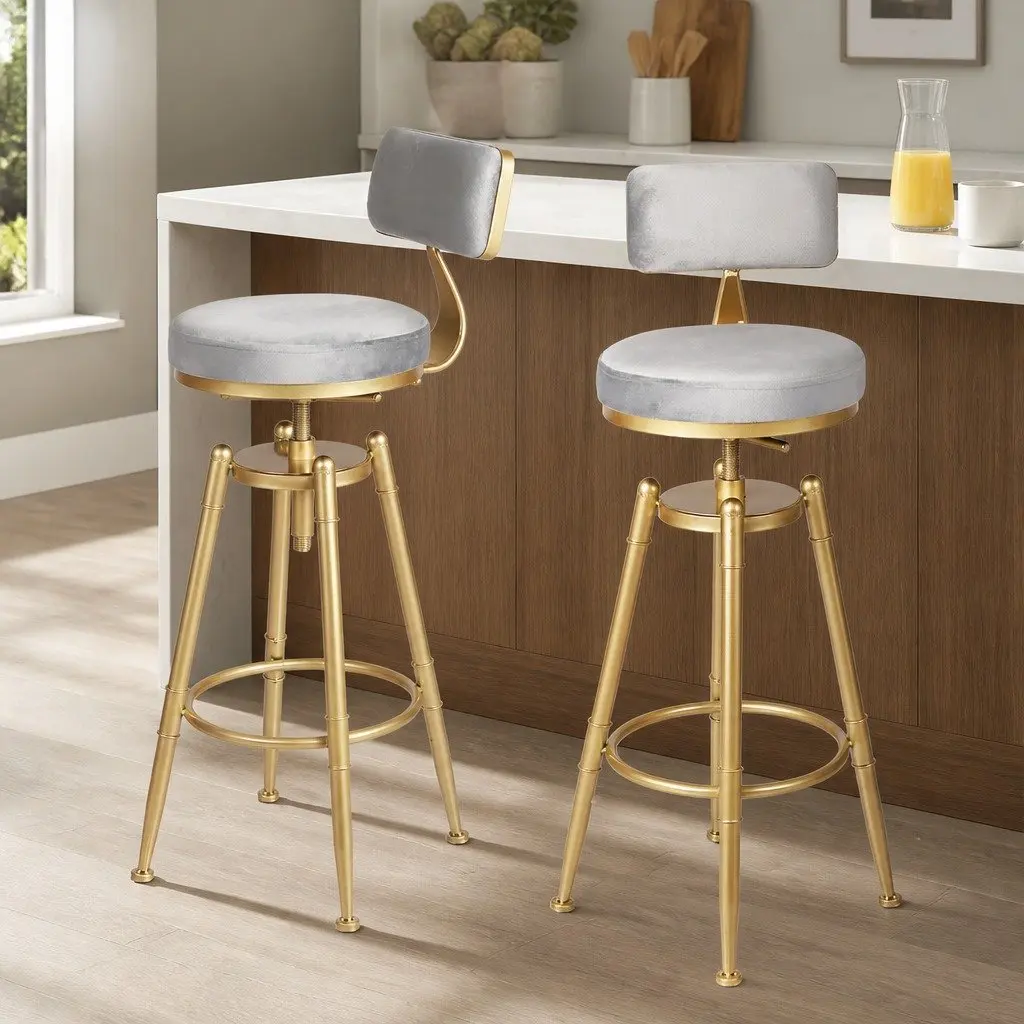 Bar Stools Swivel Chair Adjustable Height Grey Velvet Seat Metal Frame