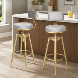 Adjustable Grey Velvet Bar Stool with Swivel Design