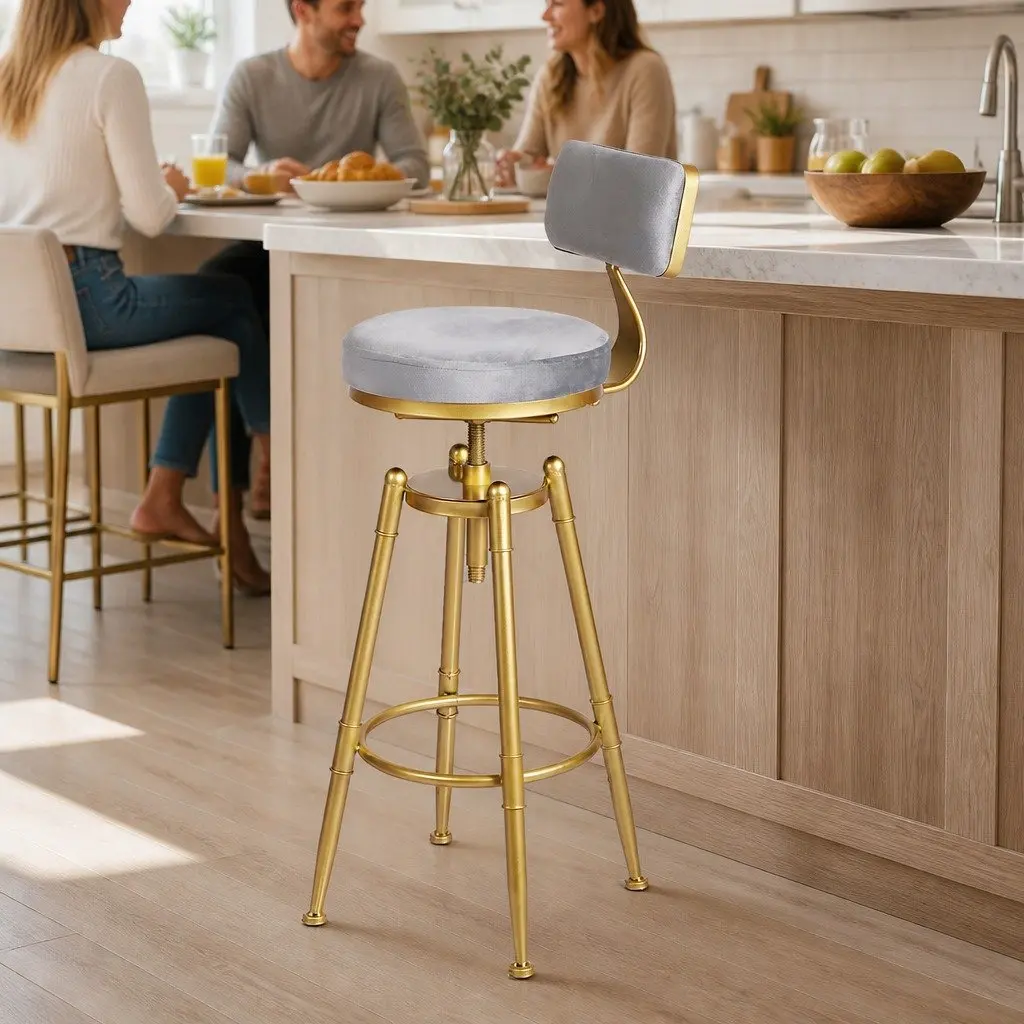 Bar Stools Swivel Chair Adjustable Height Grey Velvet Seat Metal Frame