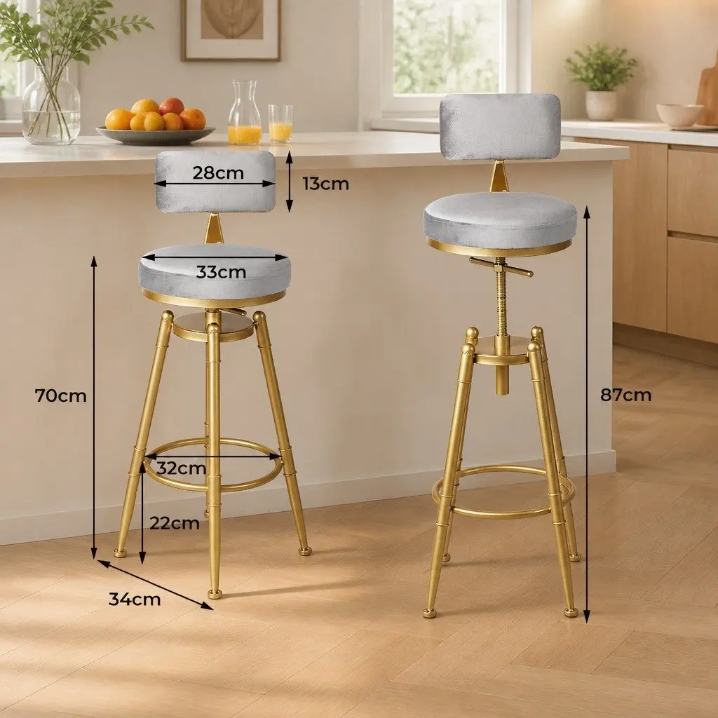 Bar Stools Swivel Chair Adjustable Height Grey Velvet Seat Metal Frame