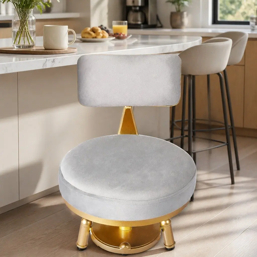 Bar Stools Swivel Chair Adjustable Height Grey Velvet Seat Metal Frame