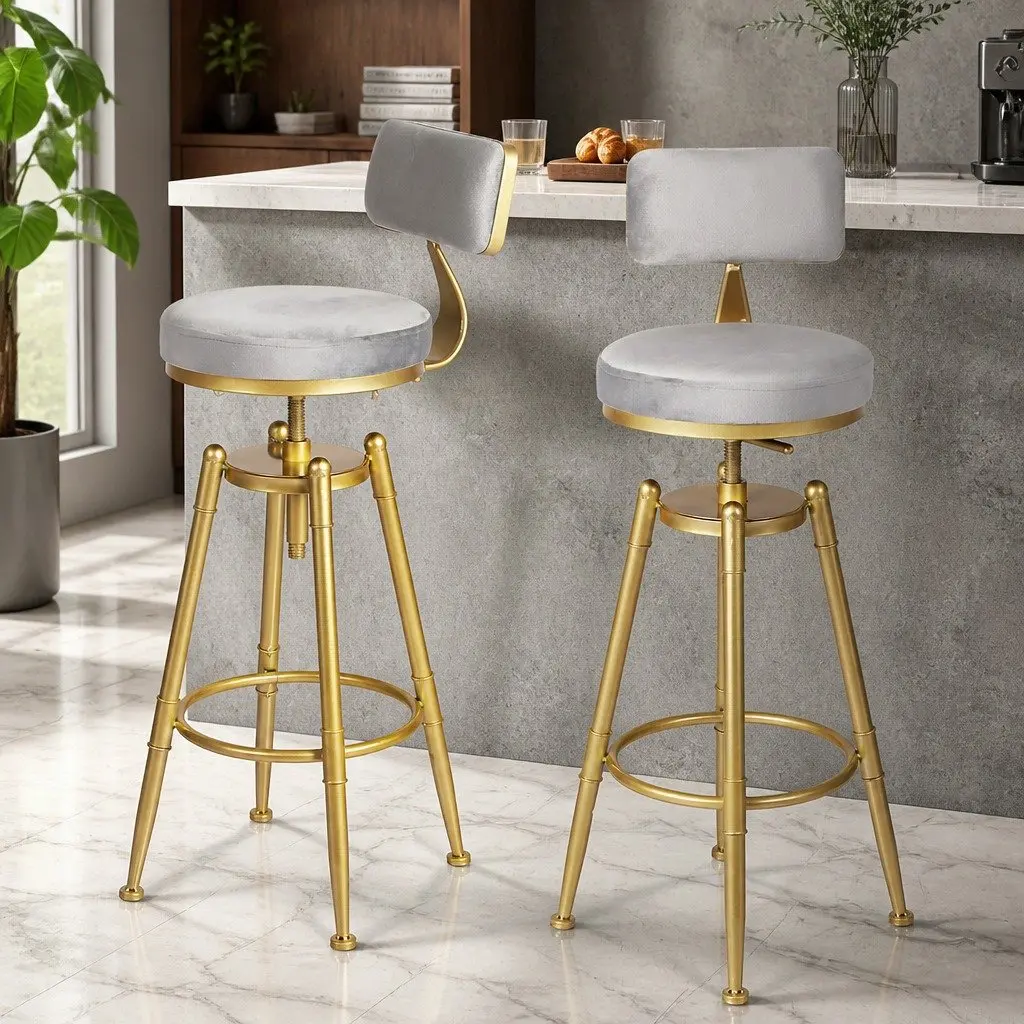 Bar Stools Swivel Chair Adjustable Height Grey Velvet Seat Metal Frame