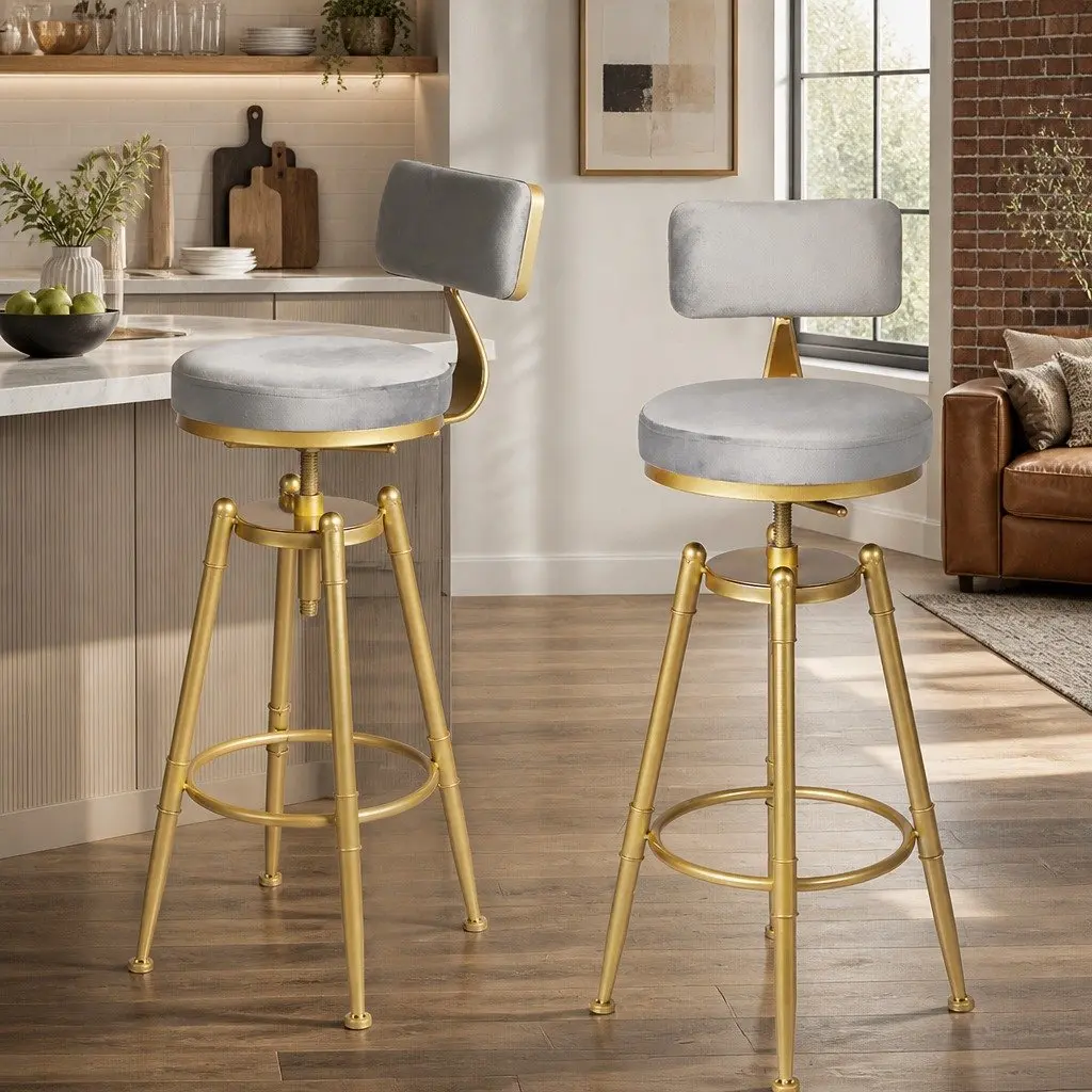 Bar Stools Swivel Chair Adjustable Height Grey Velvet Seat Metal Frame