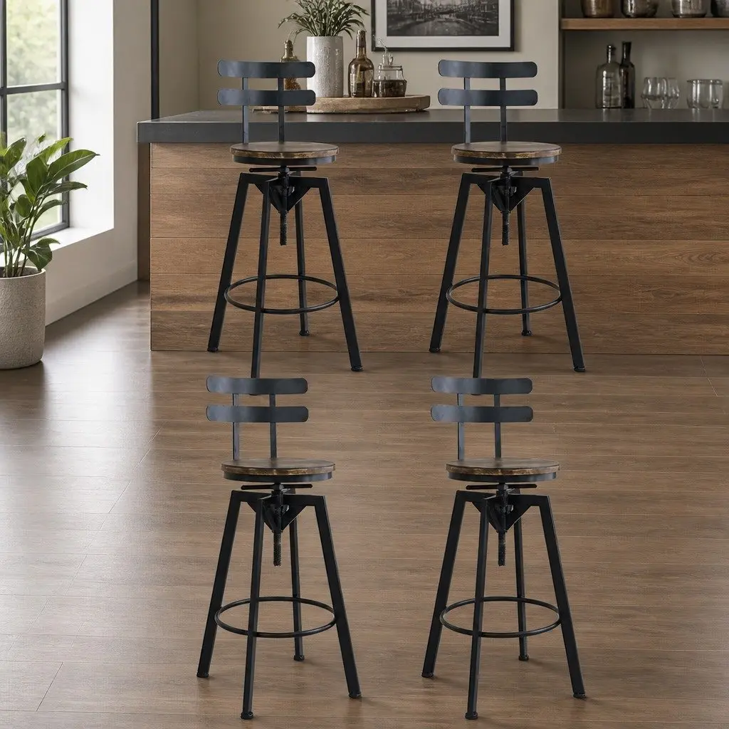 Industrial Bar Stool Adjustable Height 360 Swivel Pine Wood Metal Frame Set of 4