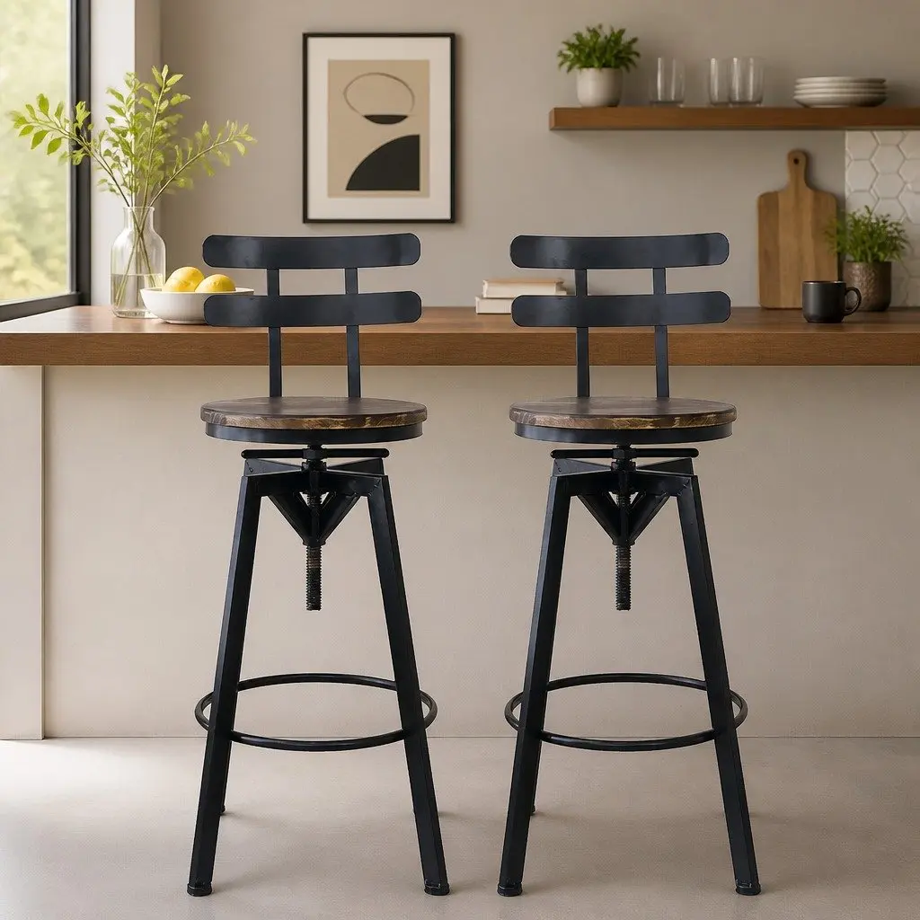 Industrial Bar Stool Adjustable Height 360 Swivel Pine Wood Metal Frame Set of 4