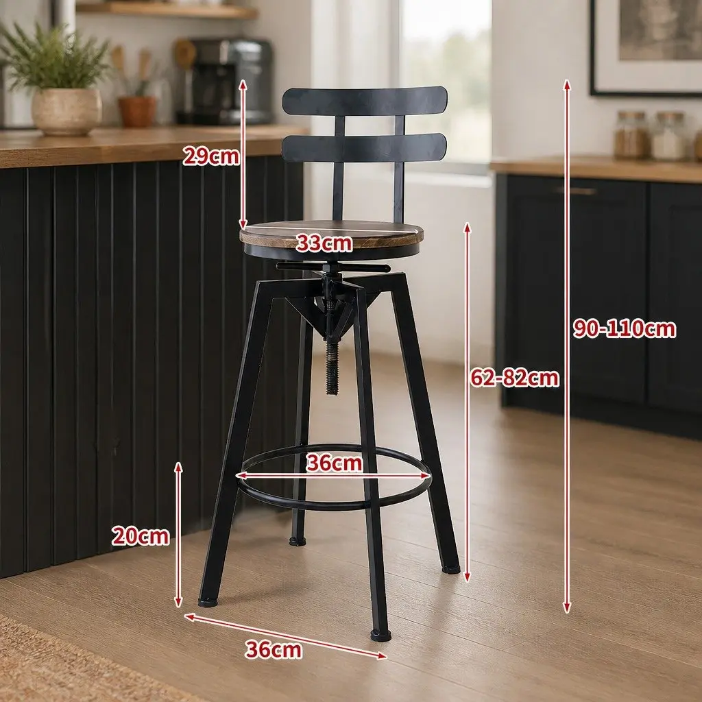 Industrial Bar Stool Adjustable Height 360 Swivel Pine Wood Metal Frame Set of 4