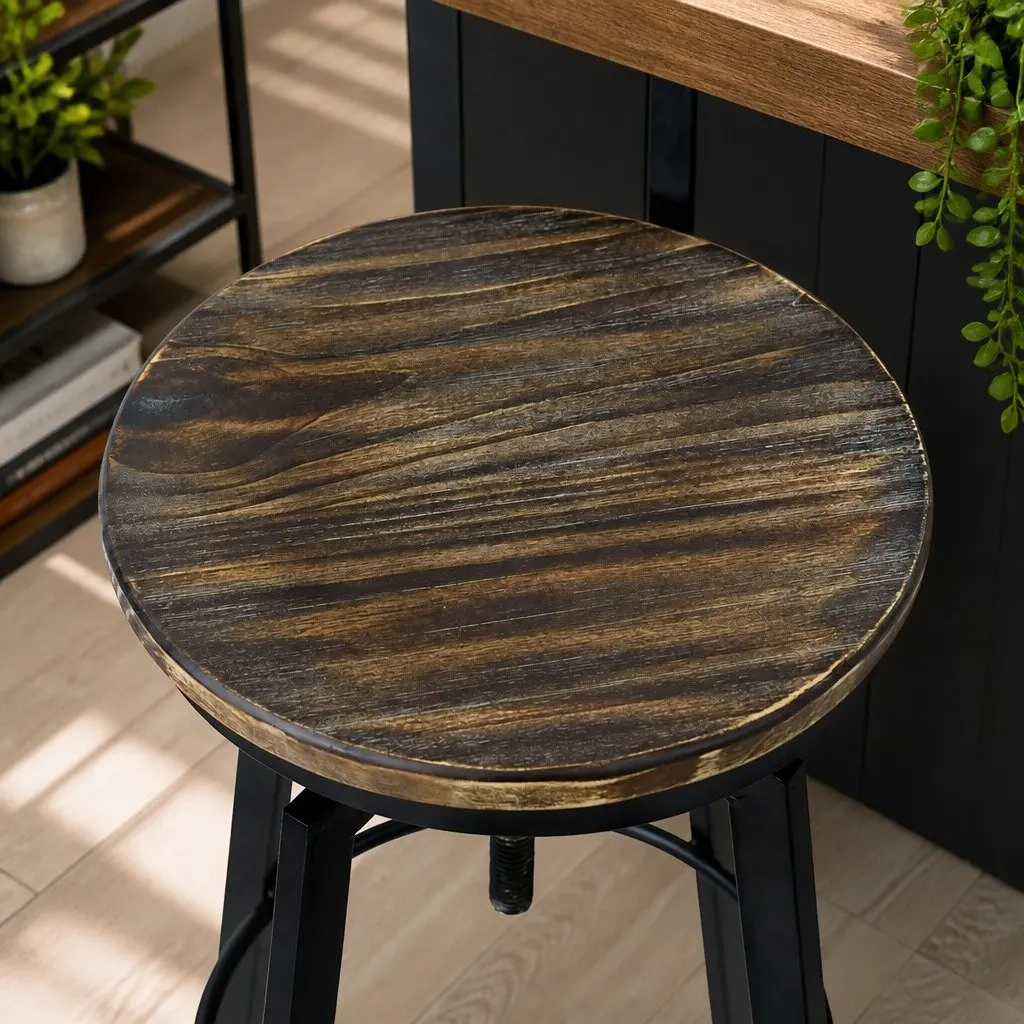 Industrial Bar Stool Adjustable Height 360 Swivel Pine Wood Metal Frame Set of 4