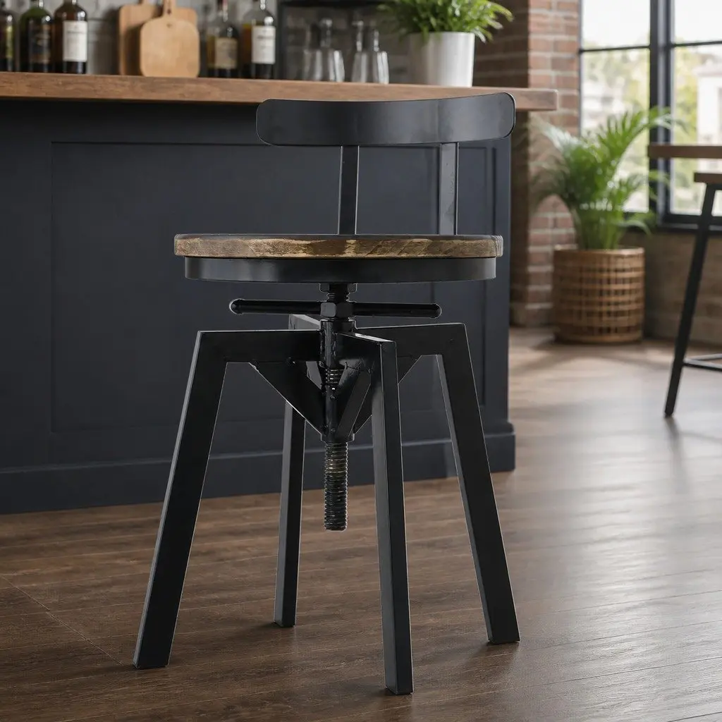 Industrial Bar Stool Adjustable Height 360 Swivel Pine Wood Metal Frame Set of 4
