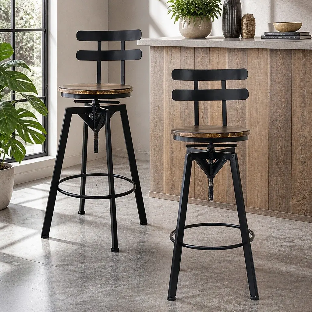 Industrial Bar Stool Adjustable Height 360 Swivel Pine Wood Metal Frame Set of 4