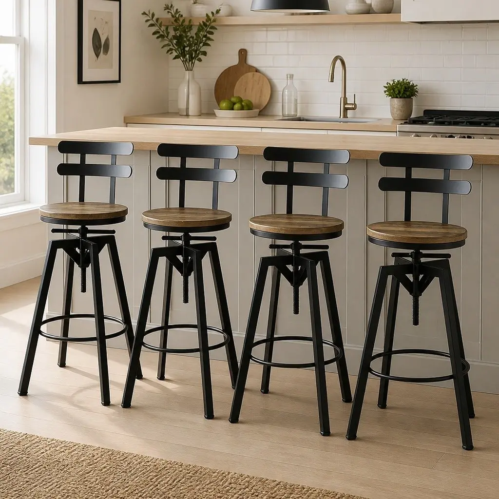 Industrial Bar Stool Adjustable Height 360 Swivel Pine Wood Metal Frame Set of 4
