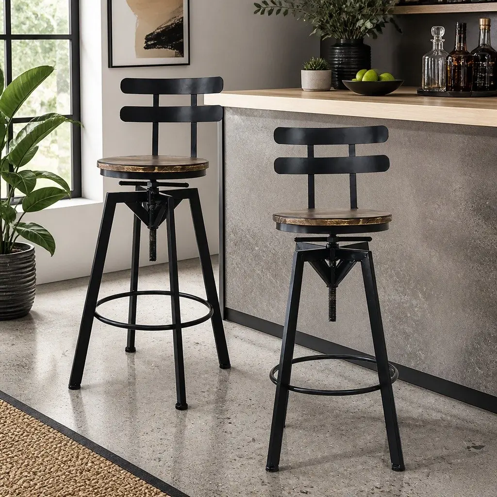 Industrial Bar Stool Adjustable Height 360 Swivel Pine Wood Metal Frame Set of 4
