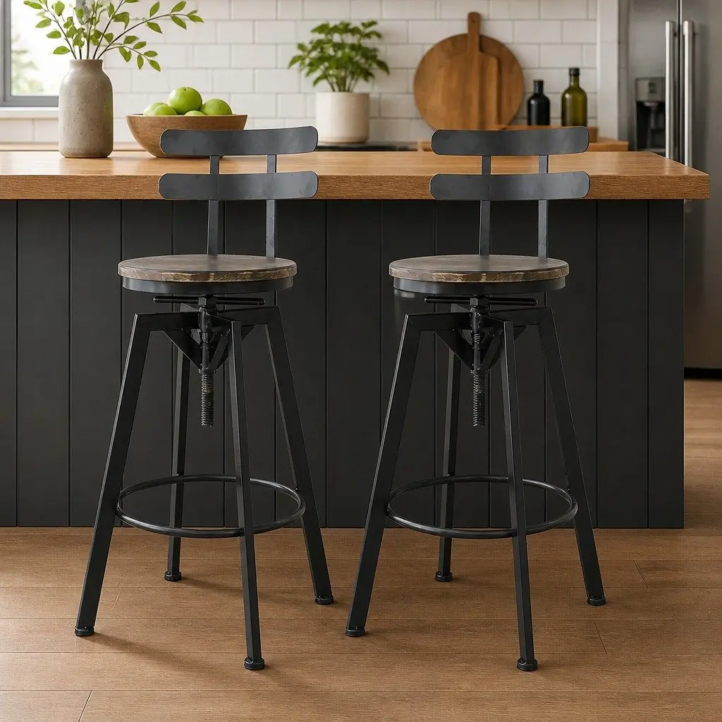 Industrial Bar Stool Adjustable Height 360 Swivel Pine Wood Metal Frame Set of 4
