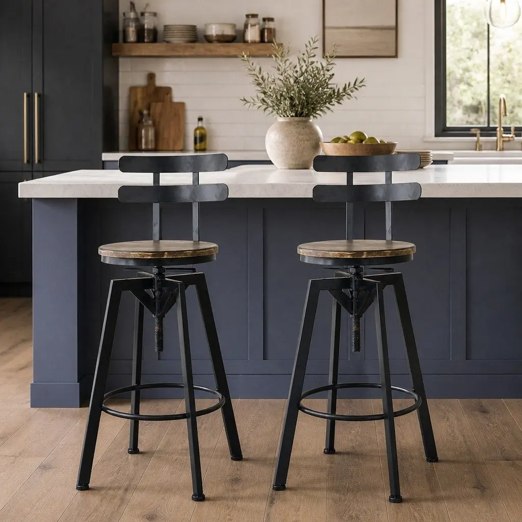 Bar Stool Industrial Adjustable Height Swivel Wooden Frame 36cm W x 36cm D x 90-110cm H Metal