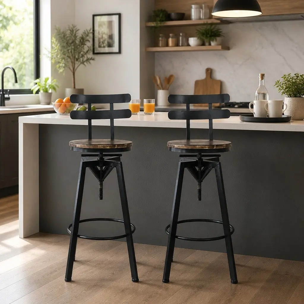 Bar Stool Industrial Adjustable Height Swivel Wooden Frame 36cm W x 36cm D x 90-110cm H Metal
