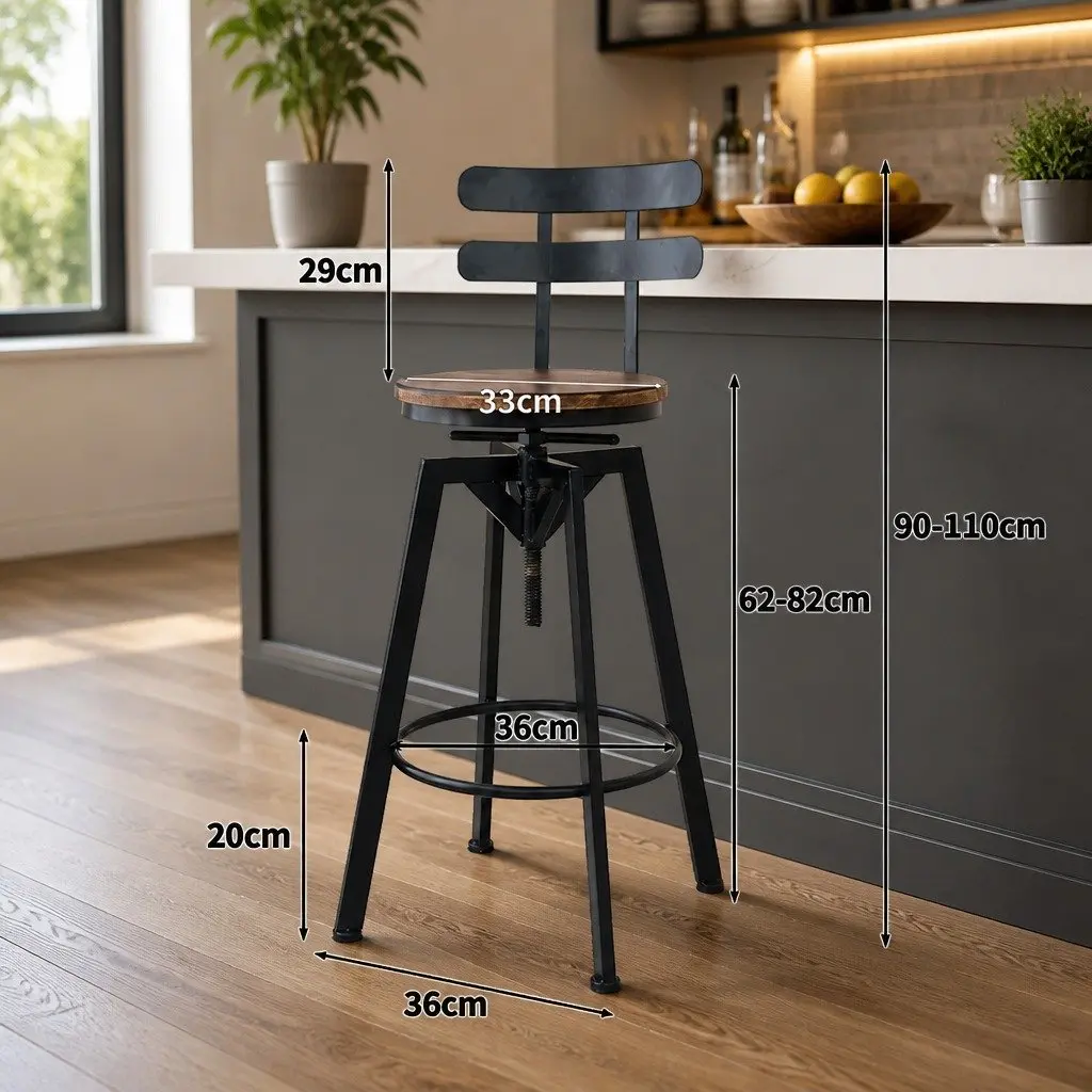 Bar Stool Industrial Adjustable Height Swivel Wooden Frame 36cm W x 36cm D x 90-110cm H Metal