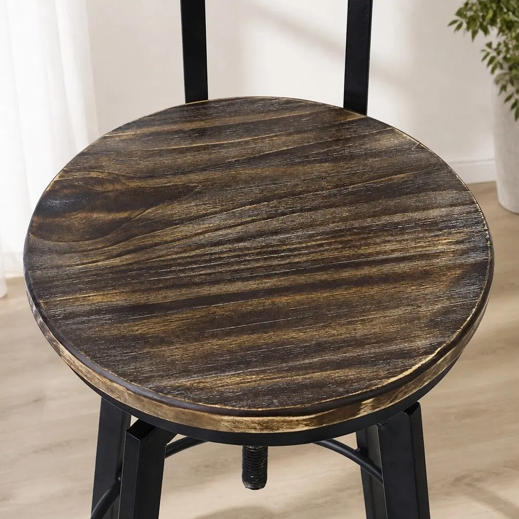 Bar Stool Industrial Adjustable Height Swivel Wooden Frame 36cm W x 36cm D x 90-110cm H Metal
