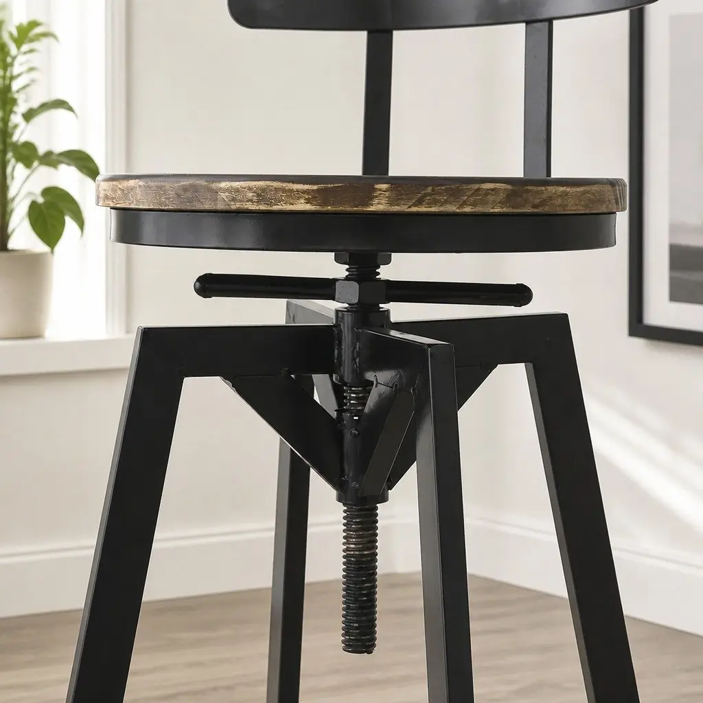 Bar Stool Industrial Adjustable Height Swivel Wooden Frame 36cm W x 36cm D x 90-110cm H Metal
