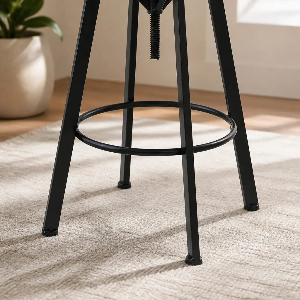 Bar Stool Industrial Adjustable Height Swivel Wooden Frame 36cm W x 36cm D x 90-110cm H Metal