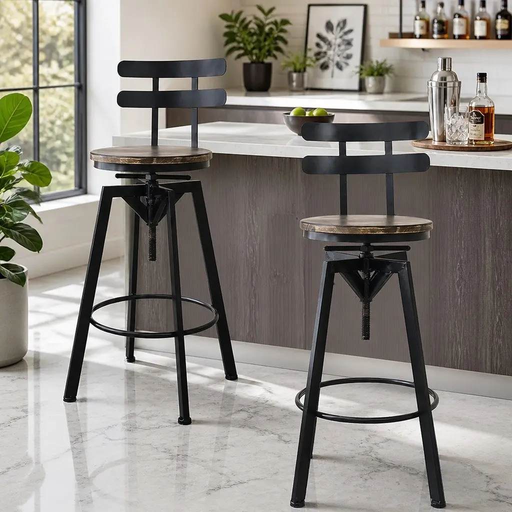 Bar Stool Industrial Adjustable Height Swivel Wooden Frame 36cm W x 36cm D x 90-110cm H Metal