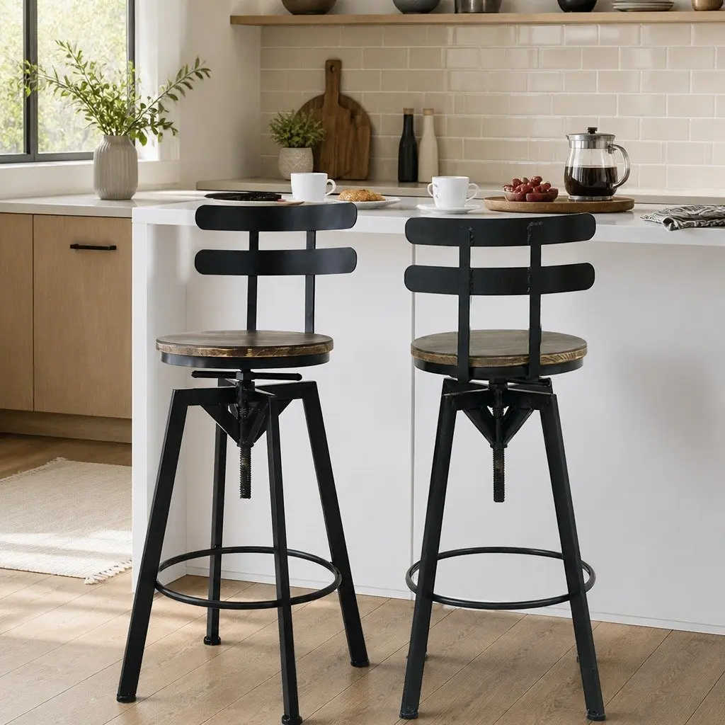 Bar Stool Industrial Adjustable Height Swivel Wooden Frame 36cm W x 36cm D x 90-110cm H Metal
