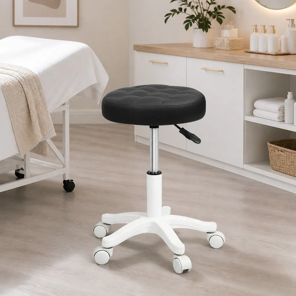 Rolling Bar Stool Adjustable Height PU Leather Black 360 Rotation Steel Frame
