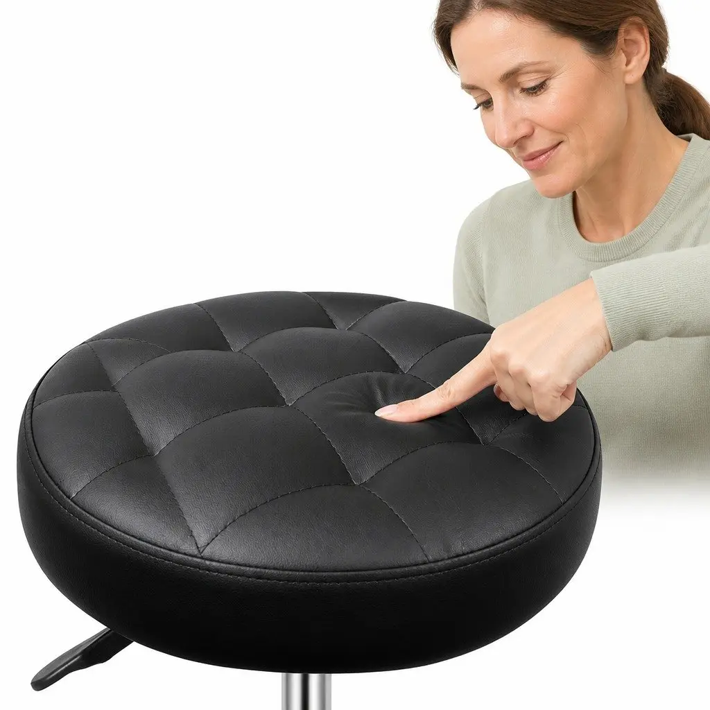 Rolling Bar Stool Adjustable Height PU Leather Black 360 Rotation Steel Frame
