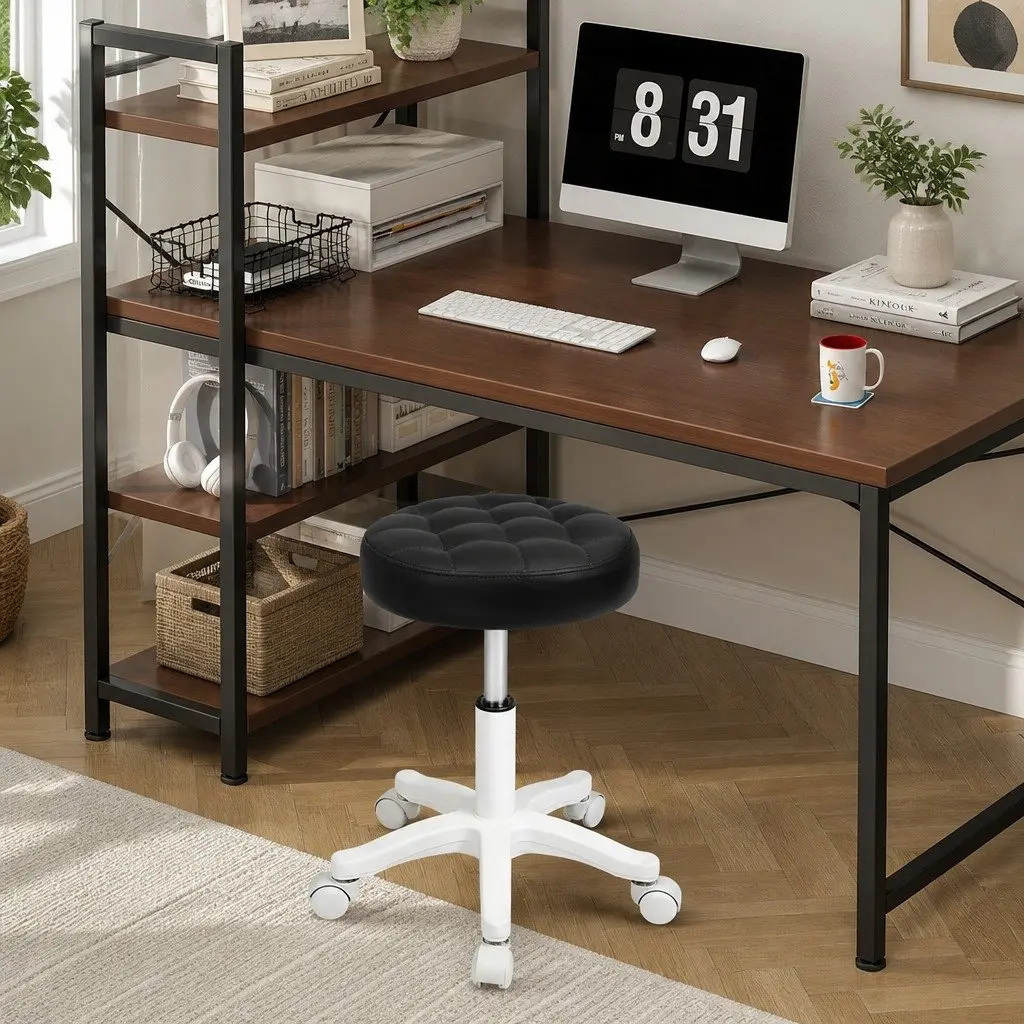 Rolling Bar Stool Adjustable Height PU Leather Black 360 Rotation Steel Frame
