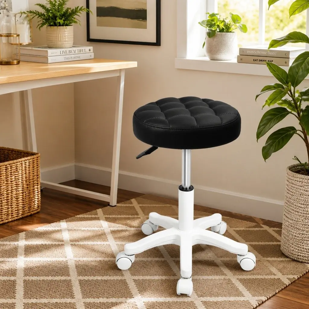 Rolling Bar Stool Adjustable Height PU Leather Black 360 Rotation Steel Frame