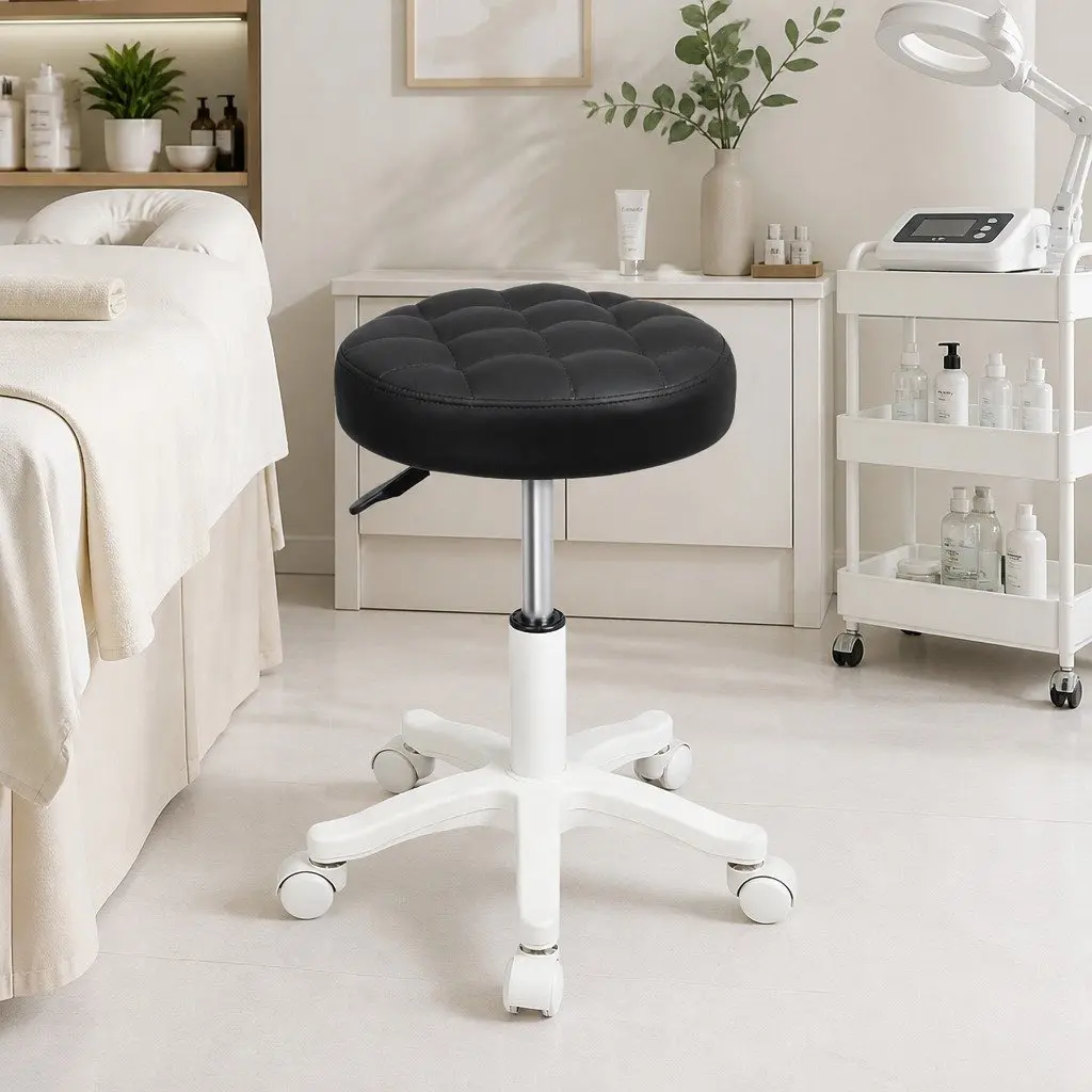 Rolling Bar Stool Adjustable Height PU Leather Black 360 Rotation Steel Frame
