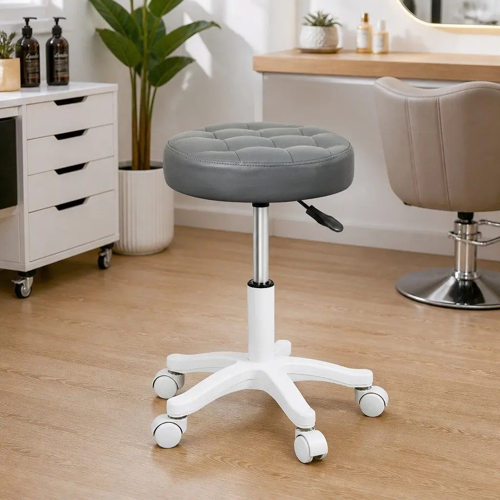 Rolling Bar Stool Grey PU Leather Gas Lift 360° Swivel 49cm to 60cm Height Adjustable Steel Frame