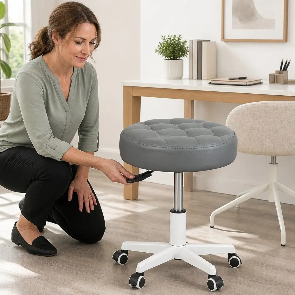 Rolling Bar Stool Grey PU Leather Gas Lift 360° Swivel 49cm to 60cm Height Adjustable Steel Frame